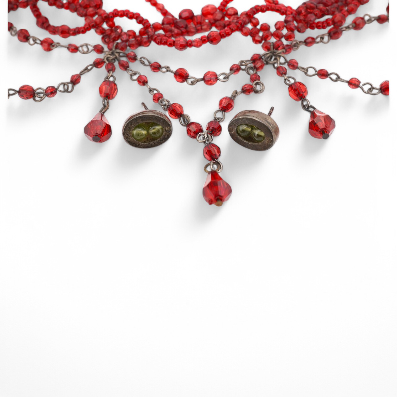 A red paste set drop fringe necklace, 30cm, together with a pair of 925 ear studs. Condition - poor to fair